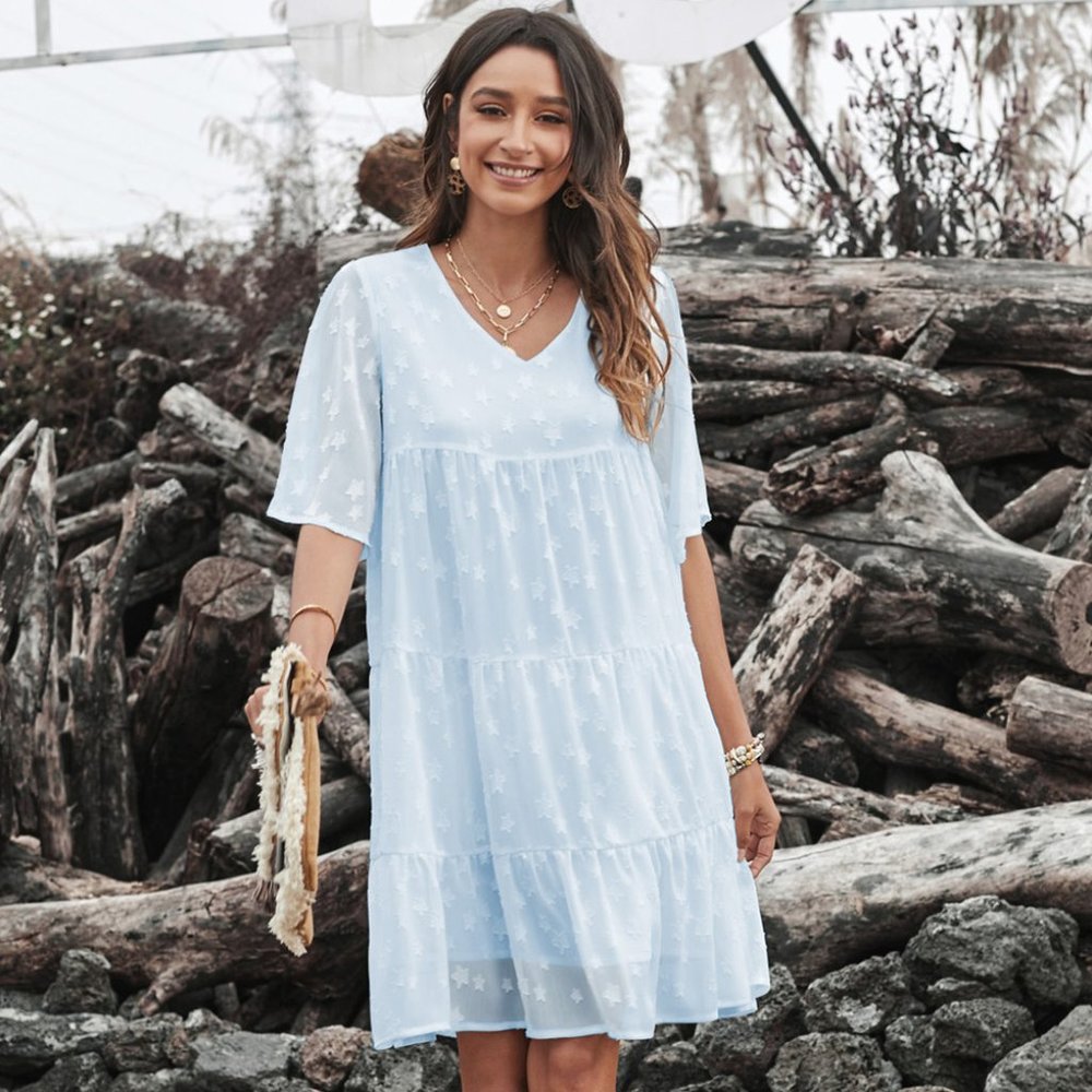 Blue Tiered Babydoll Lace Mini Dress Large